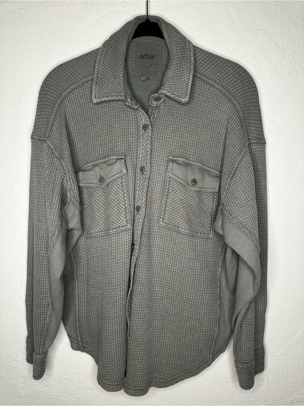 aerie Army Green Oversized Waffle Knit Buttondown